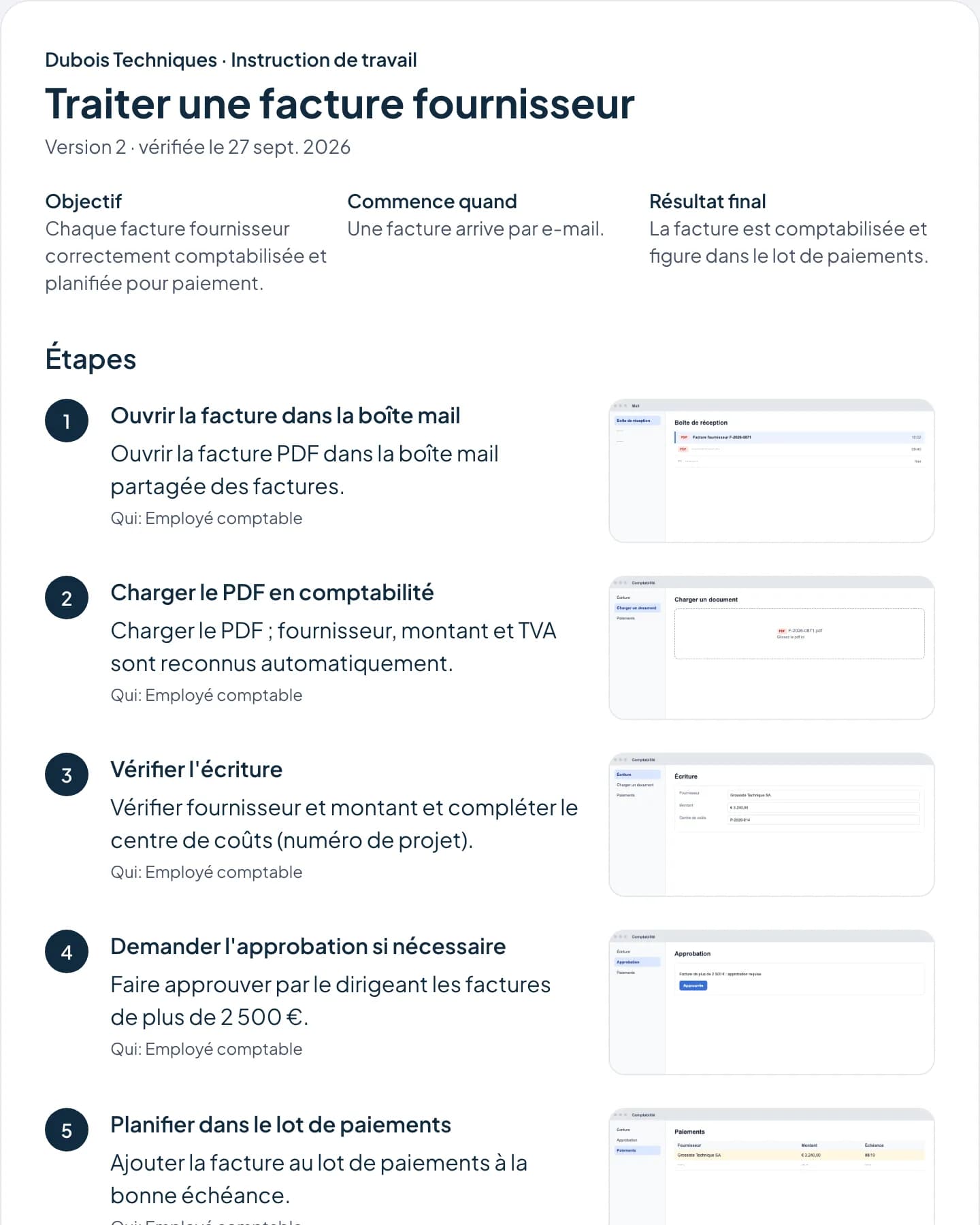 Instruction de travail partagée avec une image par étape
